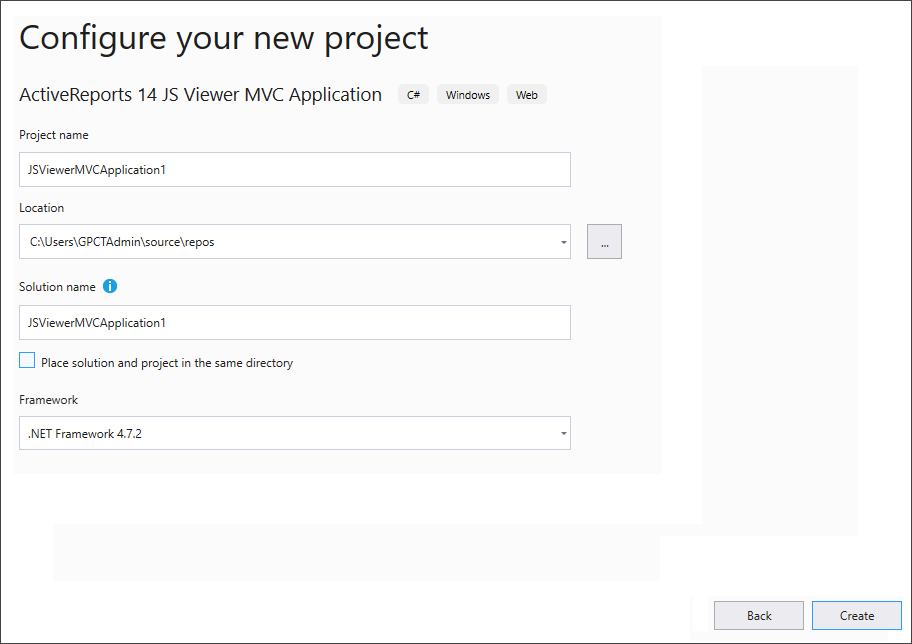 Configure your new project dialog