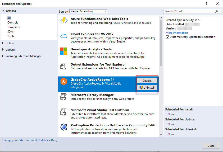 Extensions and Update window
