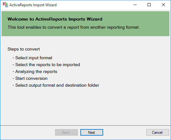 ActiveReports Import Wizard screen