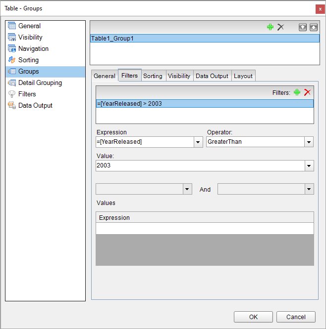 Adding a filter to a Table data group