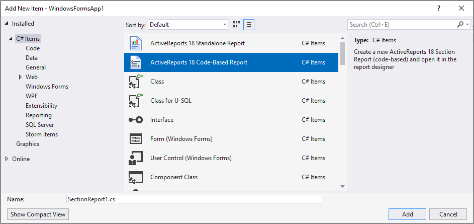 Select code-based section report template