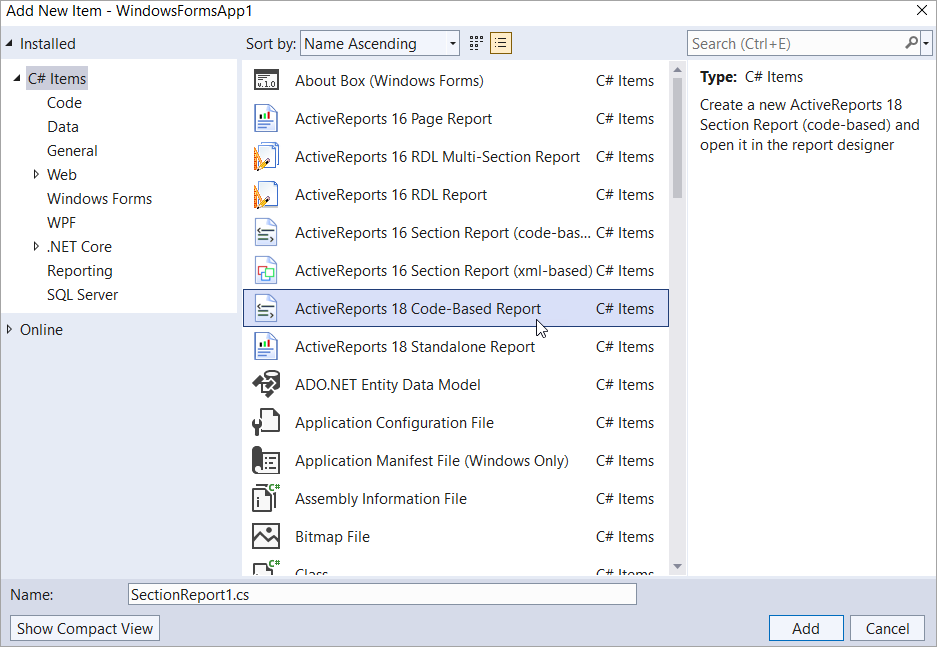 Select code-based section report template