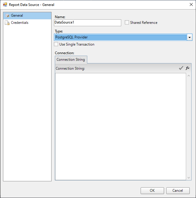 Report Data Source Dialog Box for PostgreSQL Data Provider