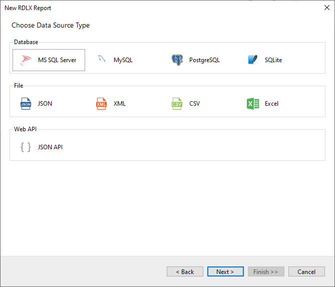 Select Report Data Source Type as MS SQL Server