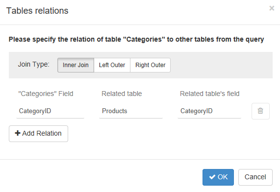 Table relations dialog box