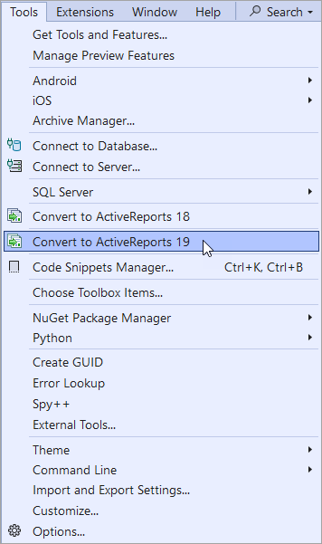 Convert to ActiveReports 17 in the Tools menu