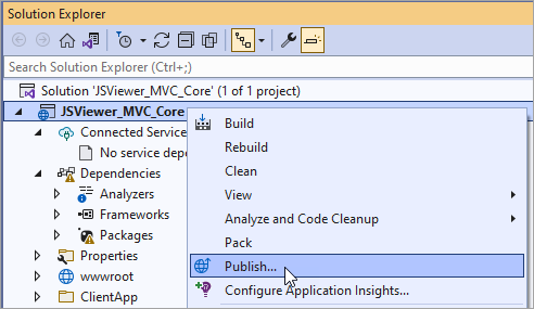 Visual Studio Solution Explorer Publish option