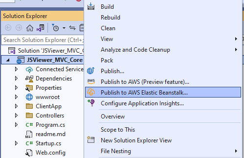 Publish to AWS Elastic Beanstalk in Solution Explorer