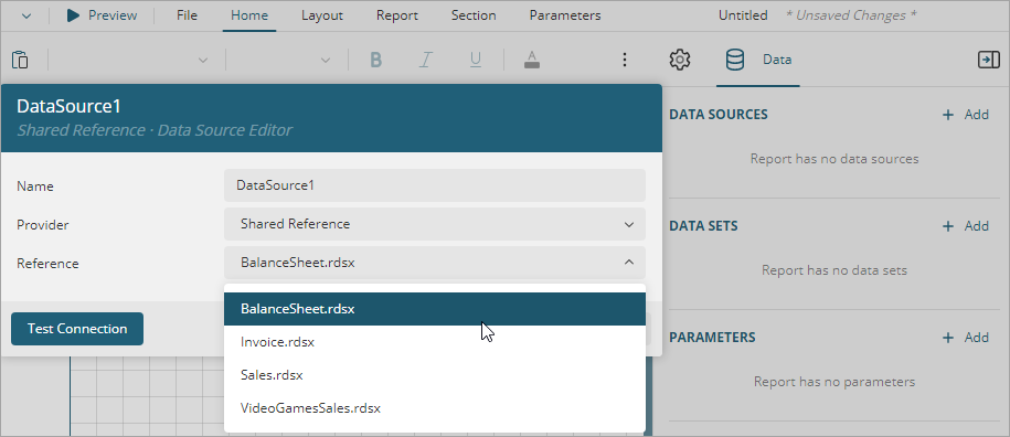 Shared Reference configuration in Data Source Editor dialog