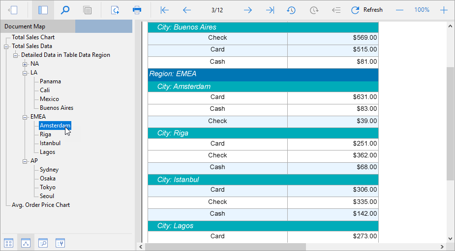 Report with a hierarchical Document Map at preview