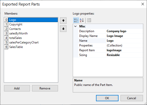 Exported Report Parts Dialog Settings