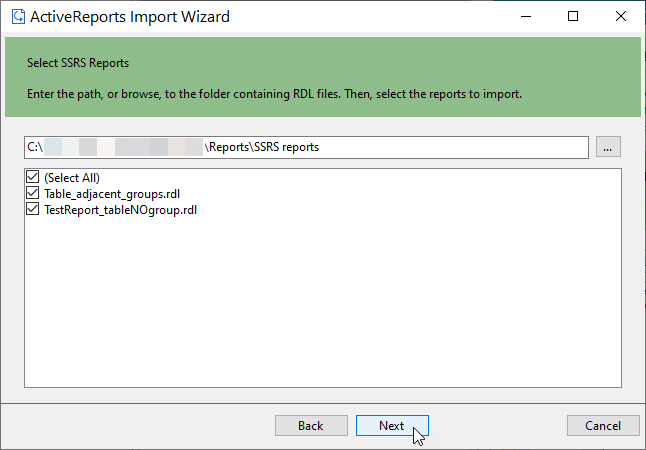 Select the reports to import