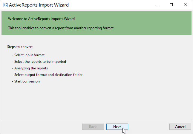 ActiveReports Import Wizard screen