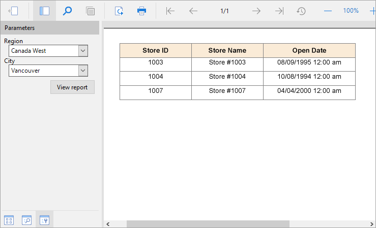 Sample report with a cascading parameter at preview