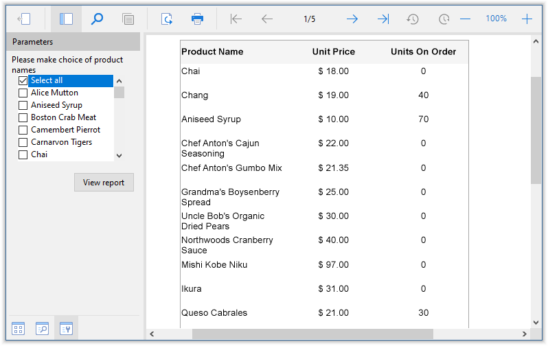 Sample report with a multi-value parameter at preview