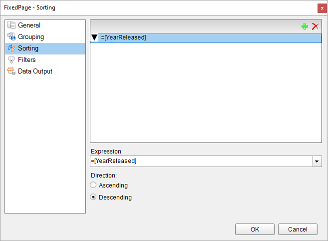 FixedPage Sorting dialog