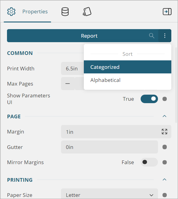 Properties tab - Section Reports