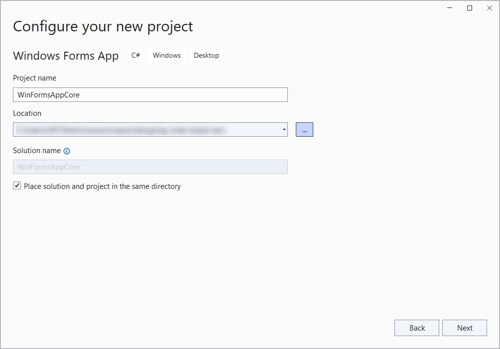 Configure your new project dialog