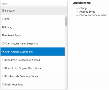 MultiSelectListBox control showing a list of products.