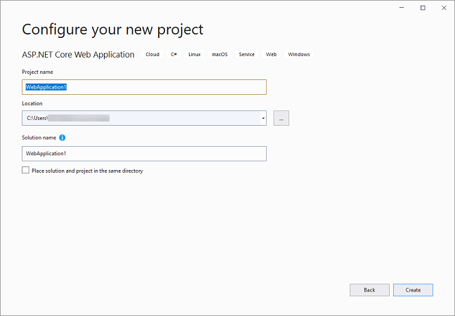 Visual Studio Configure your new project window