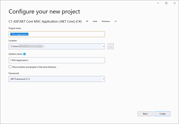 Visual Studio Configure your new project window