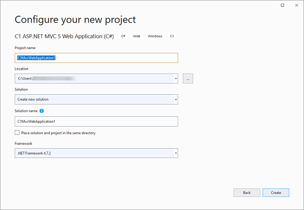 Visual Studio Configure your new project window
