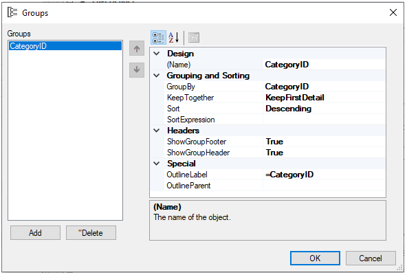 FlexReportDesigner Group dialog box