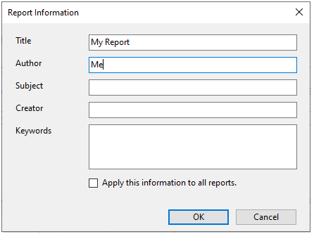 FlexReportDesigner Report Information dialog box.