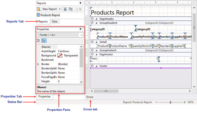 The image depicts the different tabs and statusbar in the report designer.