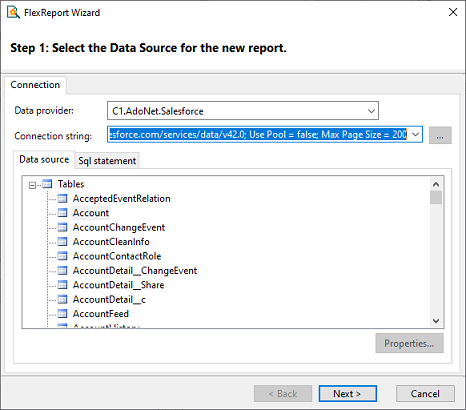 FlexReport designer ADO NET Connection