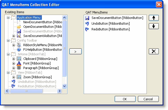 MenuItems Collection Editor of QAT