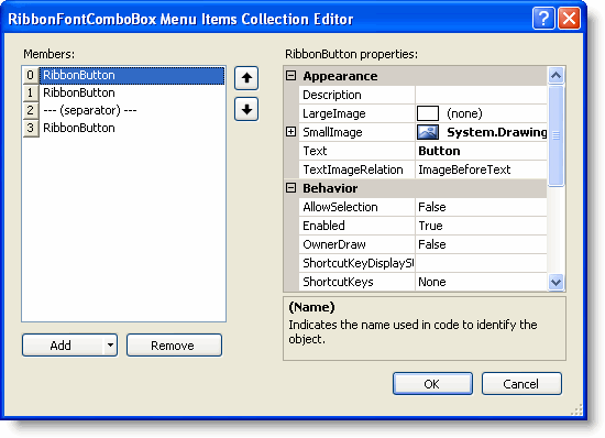 RibbonFontComboBox Menu Items Collection Editor