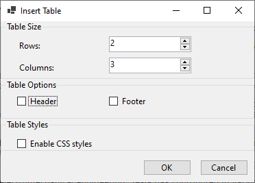 Insert table dialog box