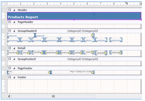 The snapshot displays the FlexReportDesigner when Section option is selected for viewing the caption.