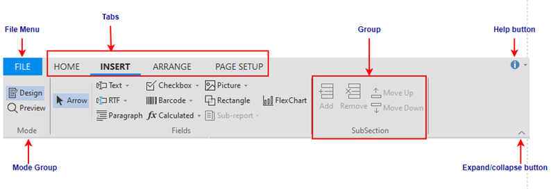 The labeled snapshot depicts the fluent design of the designer toolbar.