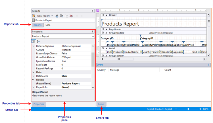 The image depicts the different tabs and statusbar in the report designer.