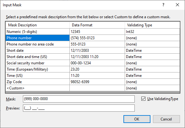 Input Mask Dialog