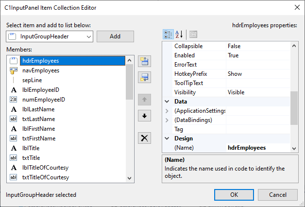 C1InputPanel Item Collection Editor