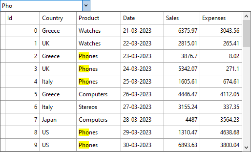 Search performed in MultiColumnCombo control