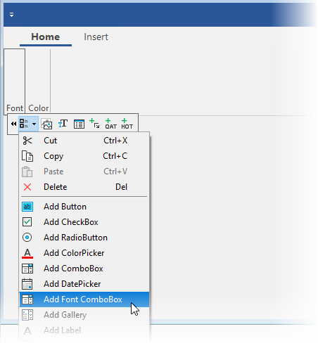 The image shows a big menu open in ribbon control.