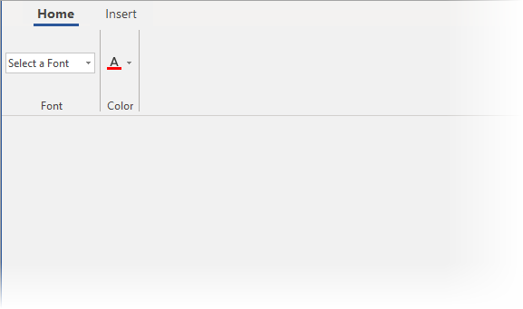 A snapshot of windowforms application with ribbon control, depicting tabs, groups, colorpicker and combobox.