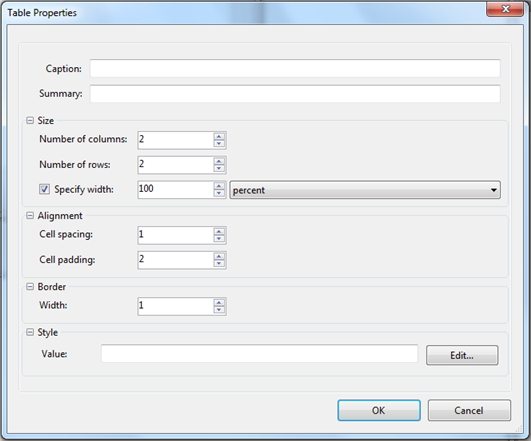 Table Properties dialog box