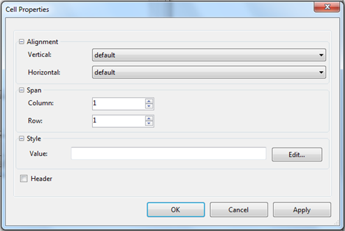 Cell Properties dialog