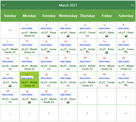 Calendar control with advanced UI showing Add a Note, Temperature, Climate etc.