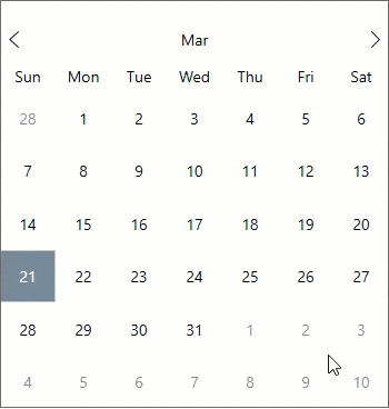 Calendar control showing smooth animation