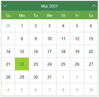 Styled calendar UI with green background