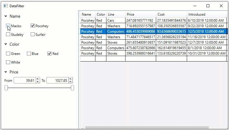 This image shows a quickstart application of datafilter.