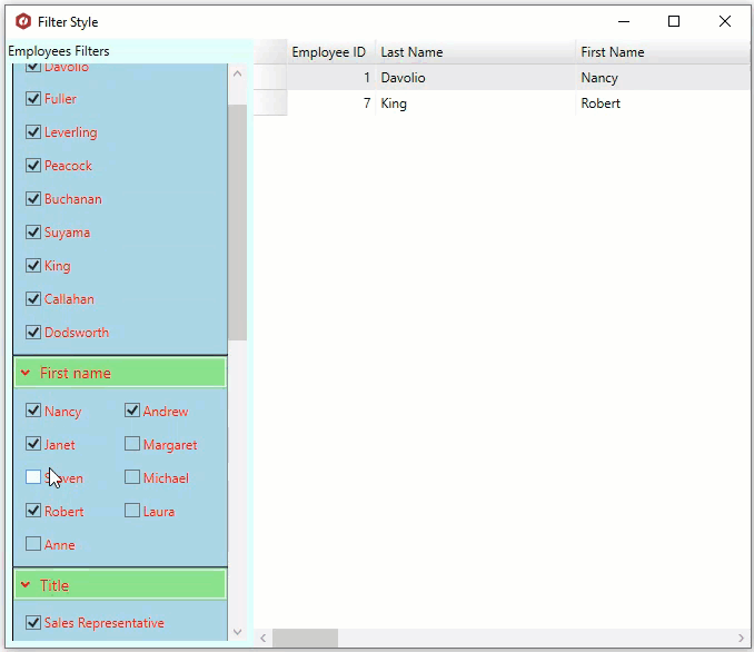 The image shows a styled datafilter