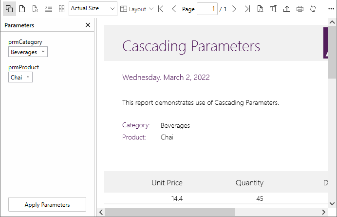 Snapshot of Parameters of FlexReport