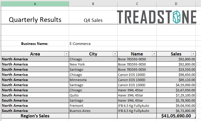 Excel report displaying generated data inside a table